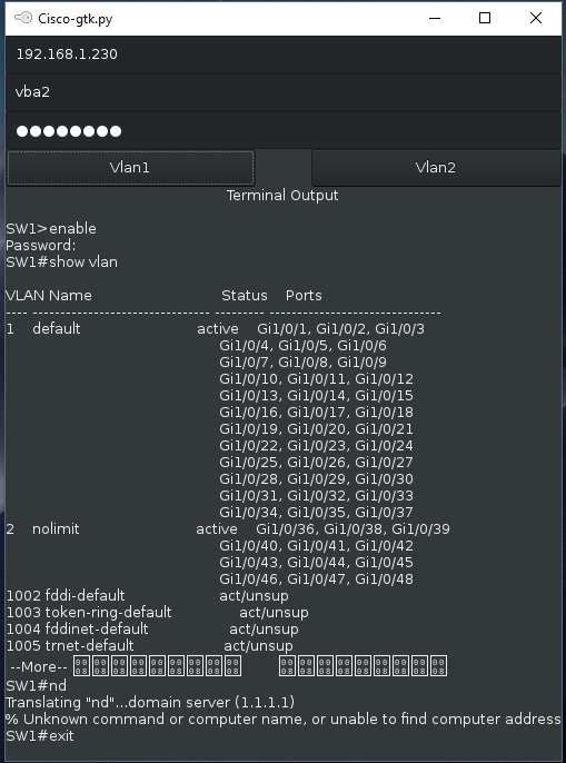 The Cisco VLAN Switch window with host, username, and password fields and two VLAN buttons