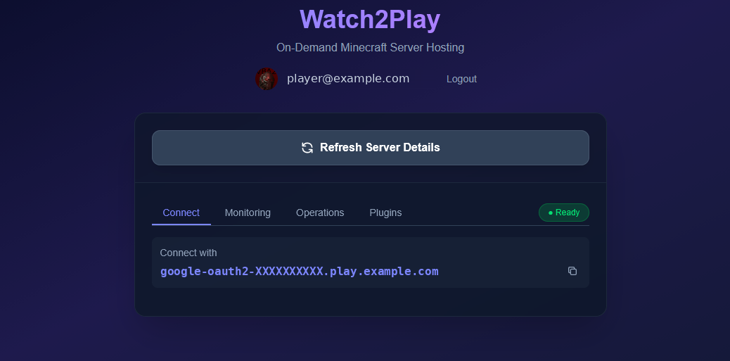 Customer dashboard showing a running server and its connection hostname